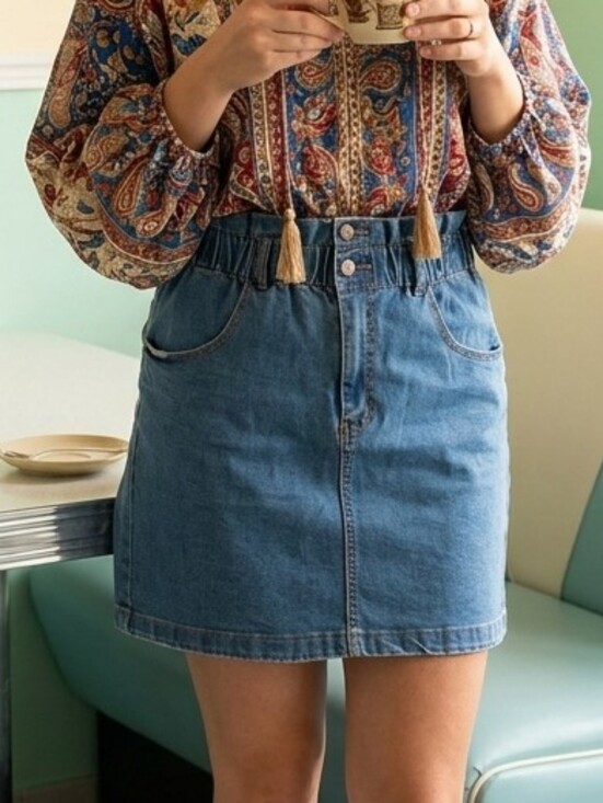Dex Dresses & Skirts - Dex💙Blue Denim Mini Skirt Elastic Waist Zipper+2 Buttons Front Pockets Sz 31